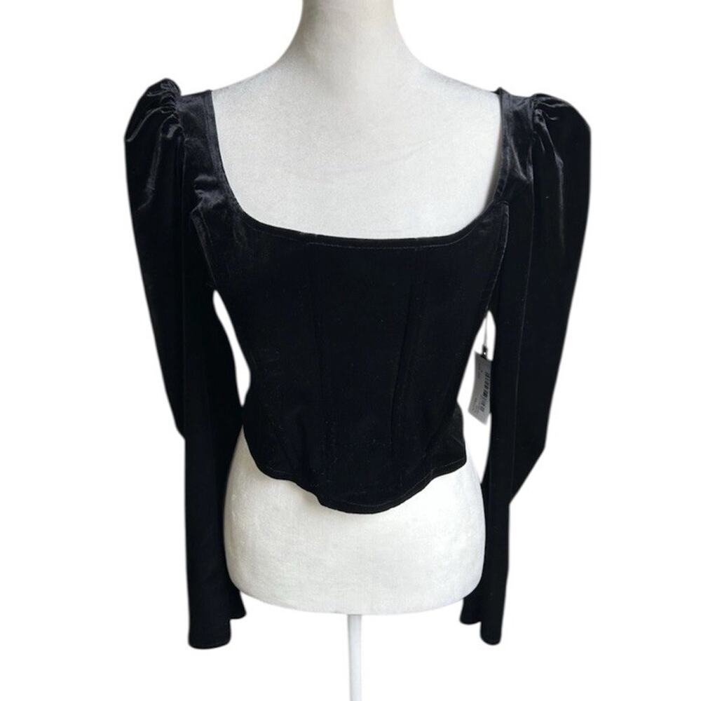ASTR Ashbury Velvet Corset Top Womens M Black Puff Sleeve Cropped NWT